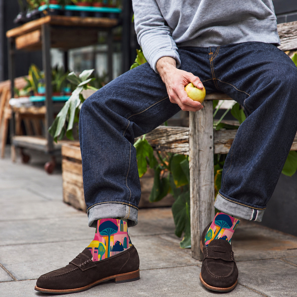 Pink Mushroom Village Crew Socks — lifestyle cafe-loafers