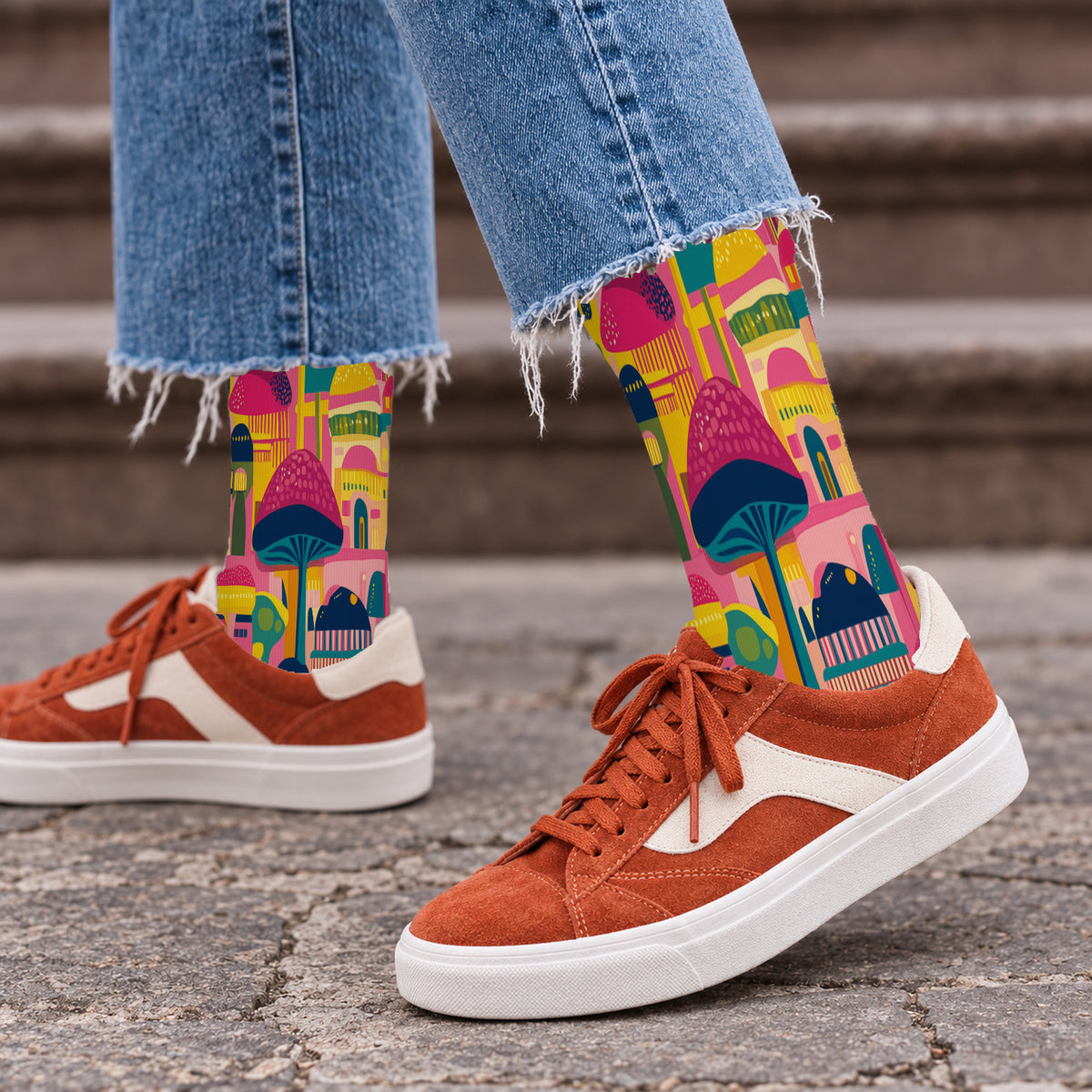 Pink Mushroom Village Crew Socks — lifestyle streetwear