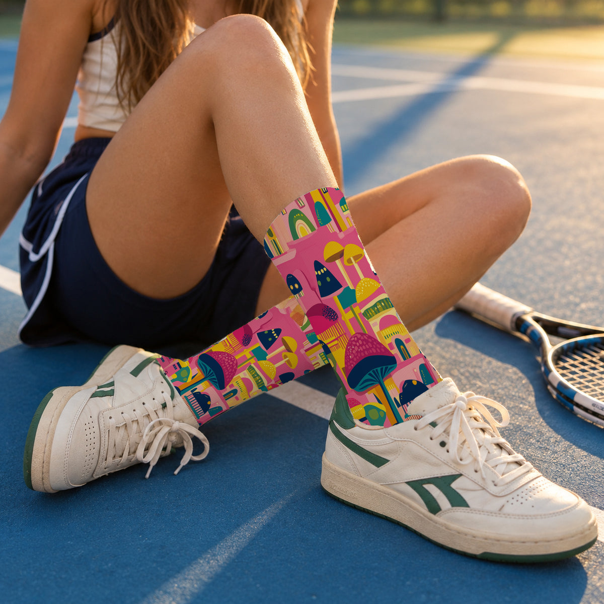 Pink Mushroom Village Crew Socks — lifestyle tennis-court