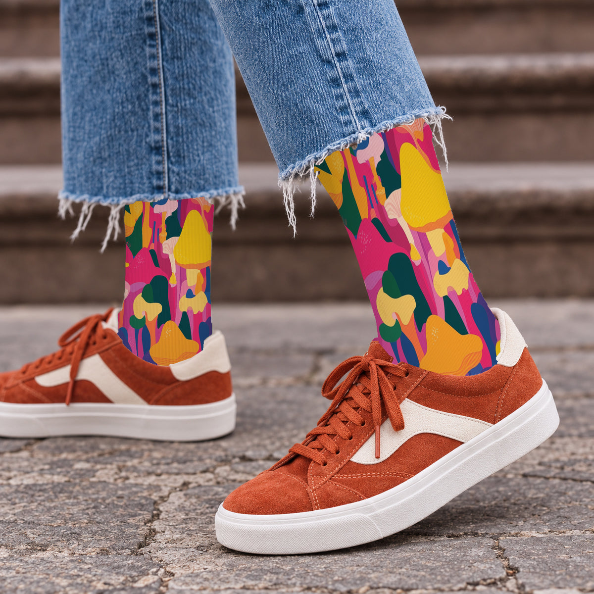 Pink Mushroom Forest Crew Socks — lifestyle streetwear