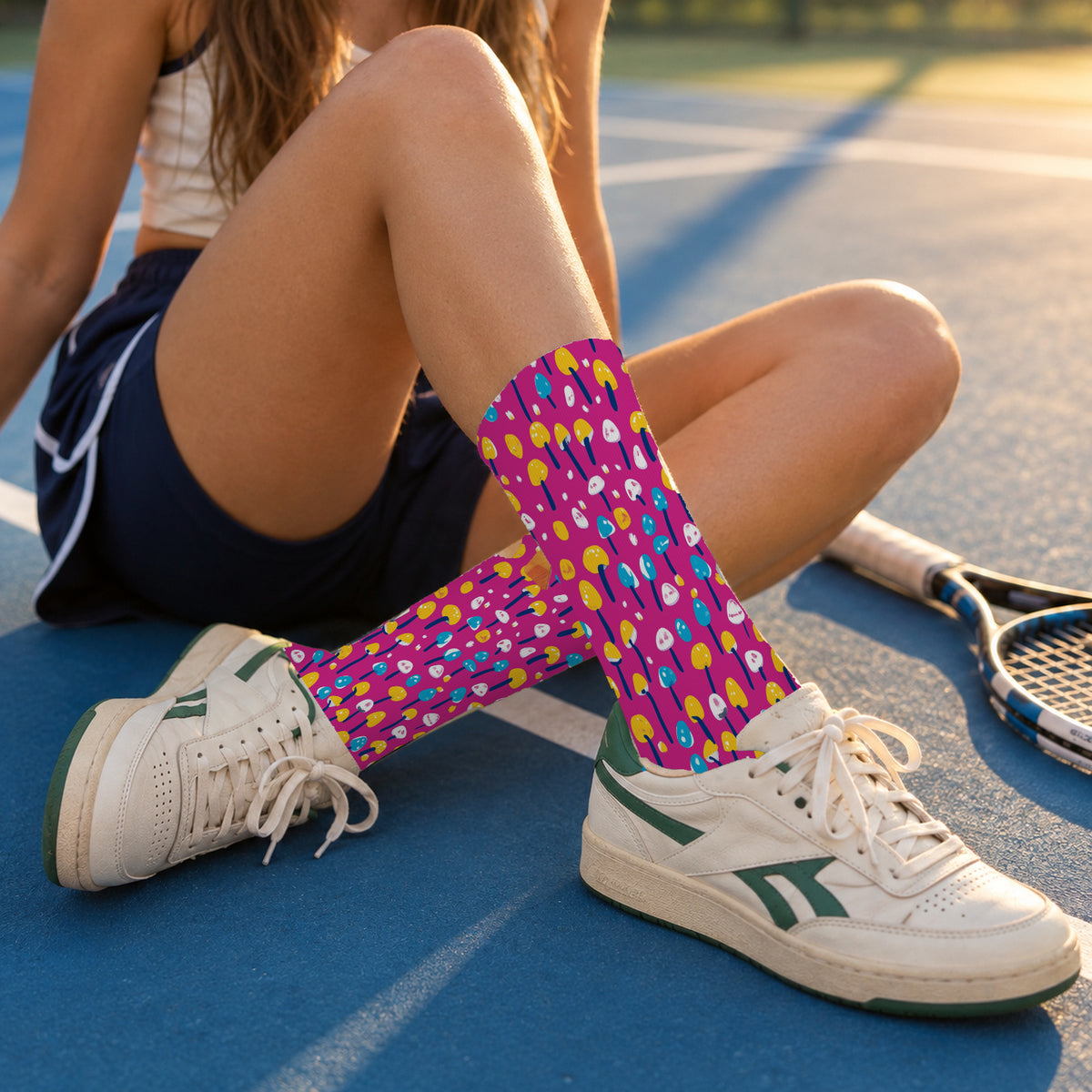 Fuchsia Mini Mushroom Crew Socks — lifestyle tennis-court