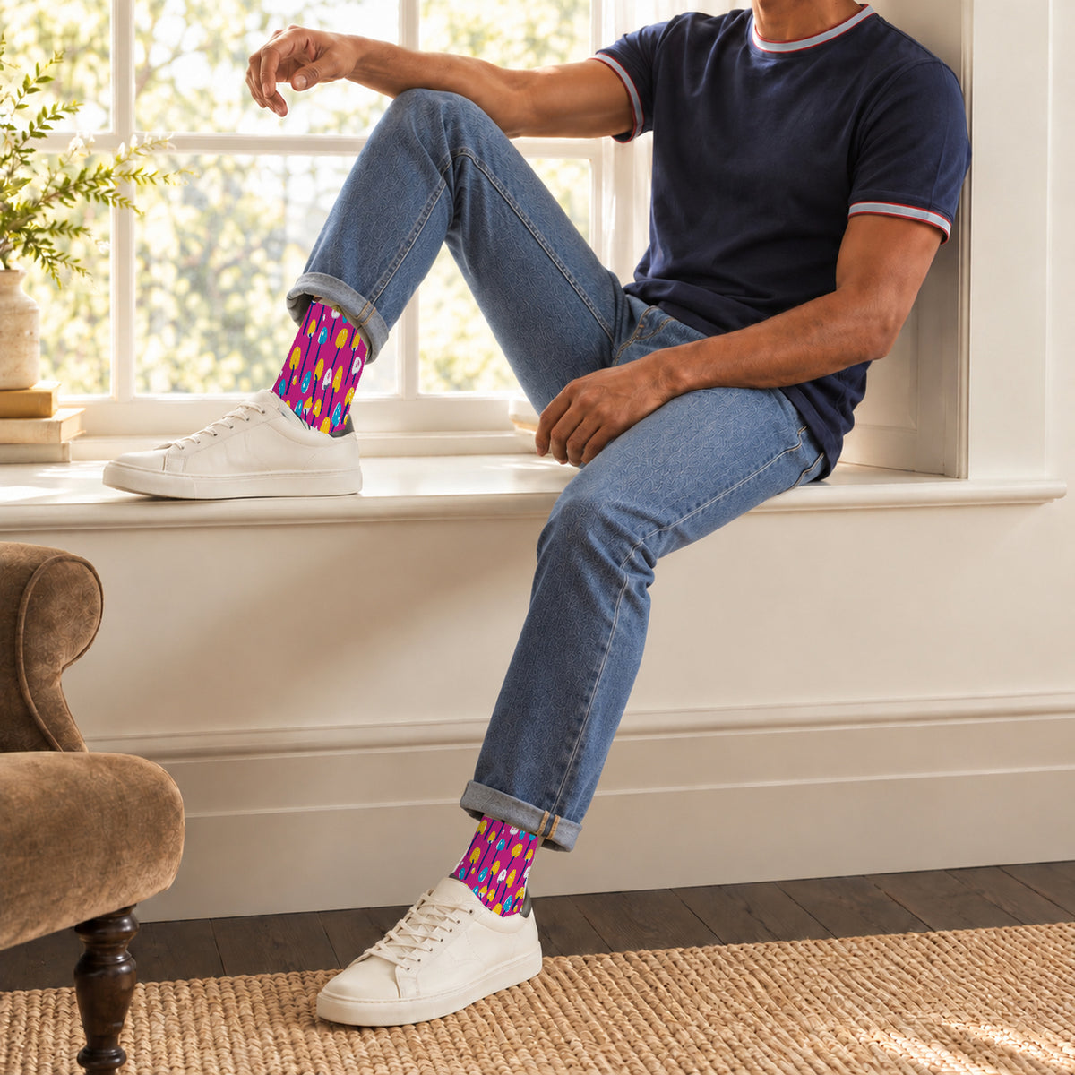 Fuchsia Mini Mushroom Crew Socks — lifestyle window-seat