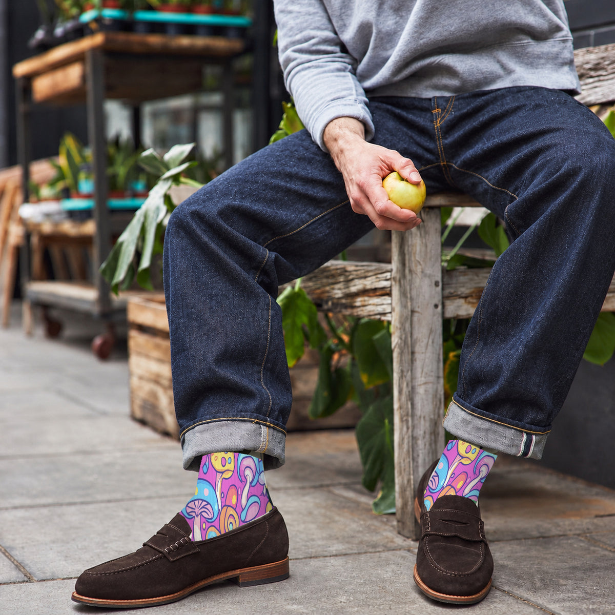 Pink Swirl Mushroom Crew Socks — lifestyle cafe-loafers