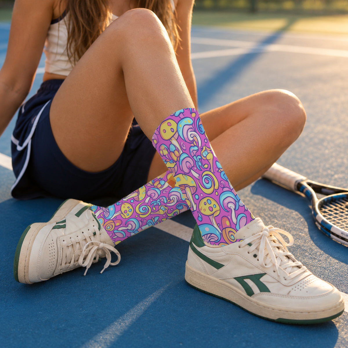Pink Swirl Mushroom Crew Socks — lifestyle tennis-court