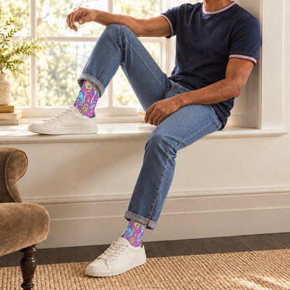 Pink Swirl Mushroom Crew Socks — lifestyle window-seat