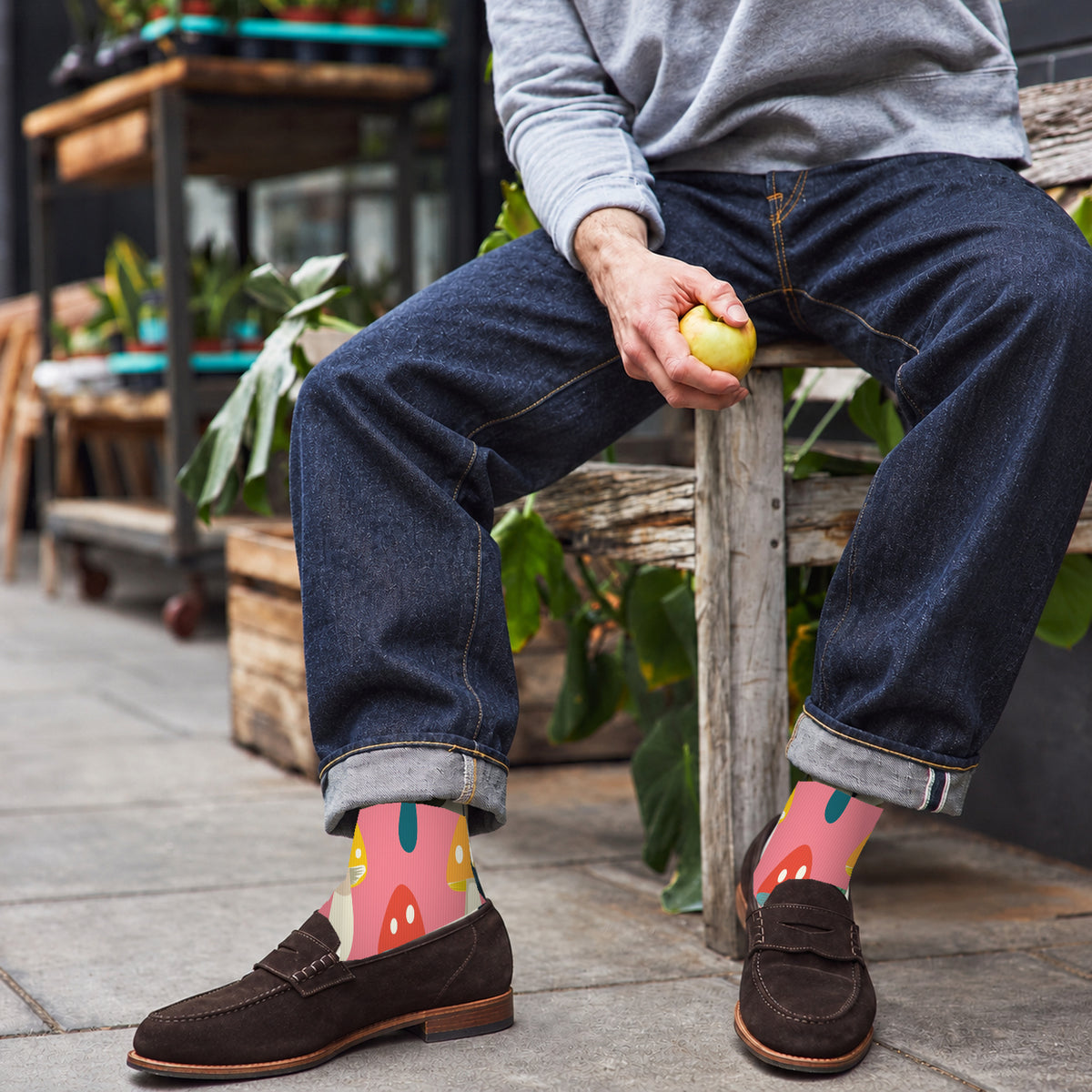 Pink Spotted Mushroom Crew Socks — lifestyle cafe-loafers