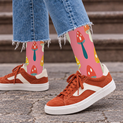 Pink Spotted Mushroom Crew Socks — lifestyle streetwear