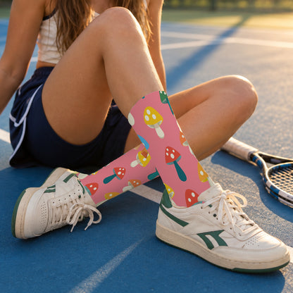 Pink Spotted Mushroom Crew Socks — lifestyle tennis-court