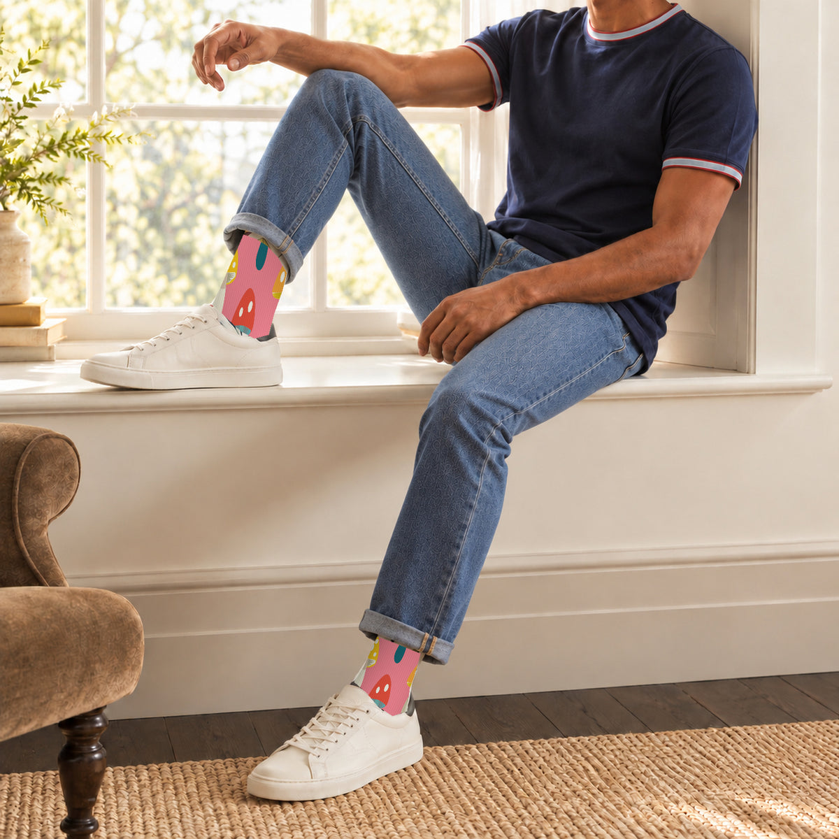 Pink Spotted Mushroom Crew Socks — lifestyle window-seat