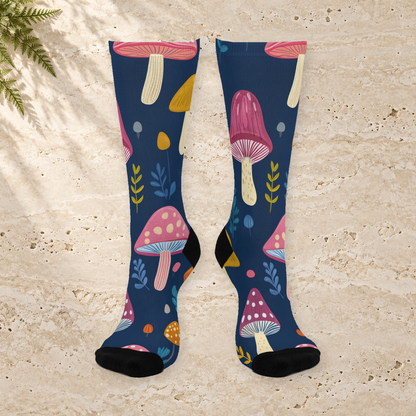 Blue Botanical Mushroom Crew Socks