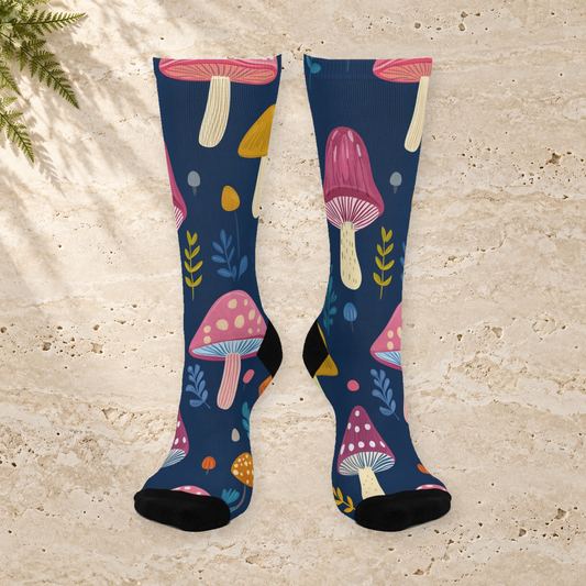 Blue Botanical Mushroom Crew Socks