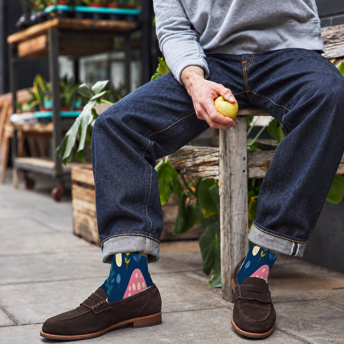 Blue Botanical Mushroom Crew Socks — lifestyle cafe-loafers