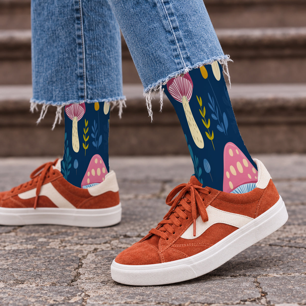 Blue Botanical Mushroom Crew Socks — lifestyle streetwear