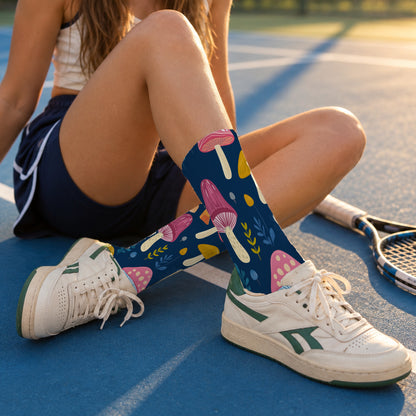 Blue Botanical Mushroom Crew Socks — lifestyle tennis-court
