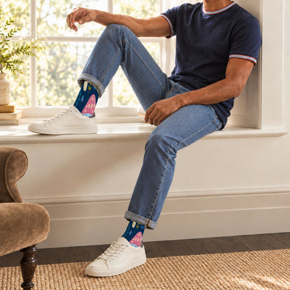 Blue Botanical Mushroom Crew Socks — lifestyle window-seat