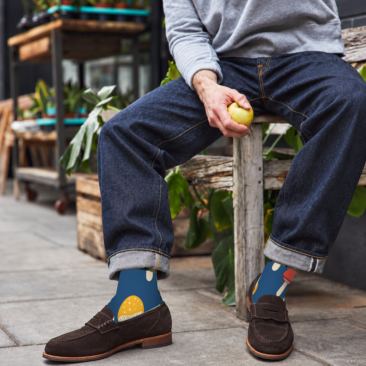 Blue Spotted Mushroom Crew Socks — lifestyle cafe-loafers