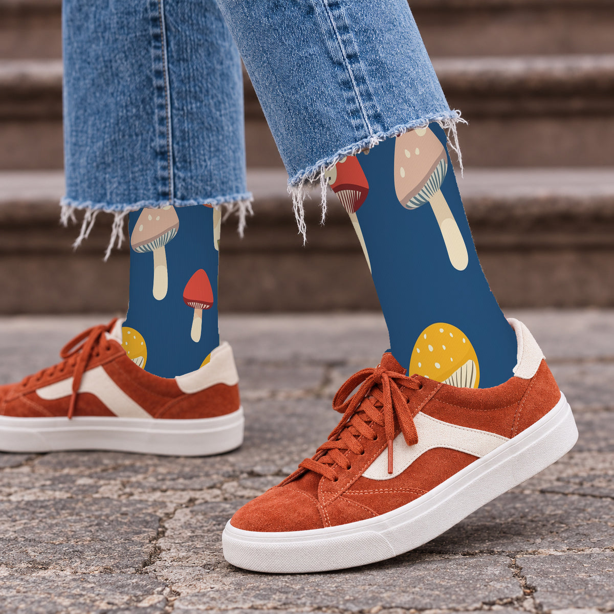Blue Spotted Mushroom Crew Socks — lifestyle streetwear