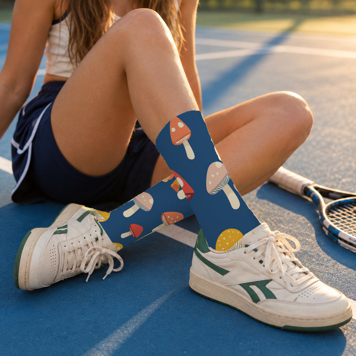 Blue Spotted Mushroom Crew Socks — lifestyle tennis-court
