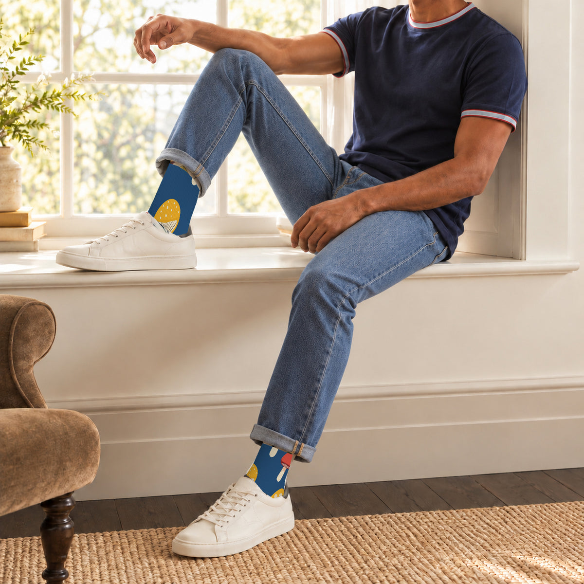 Blue Spotted Mushroom Crew Socks — lifestyle window-seat