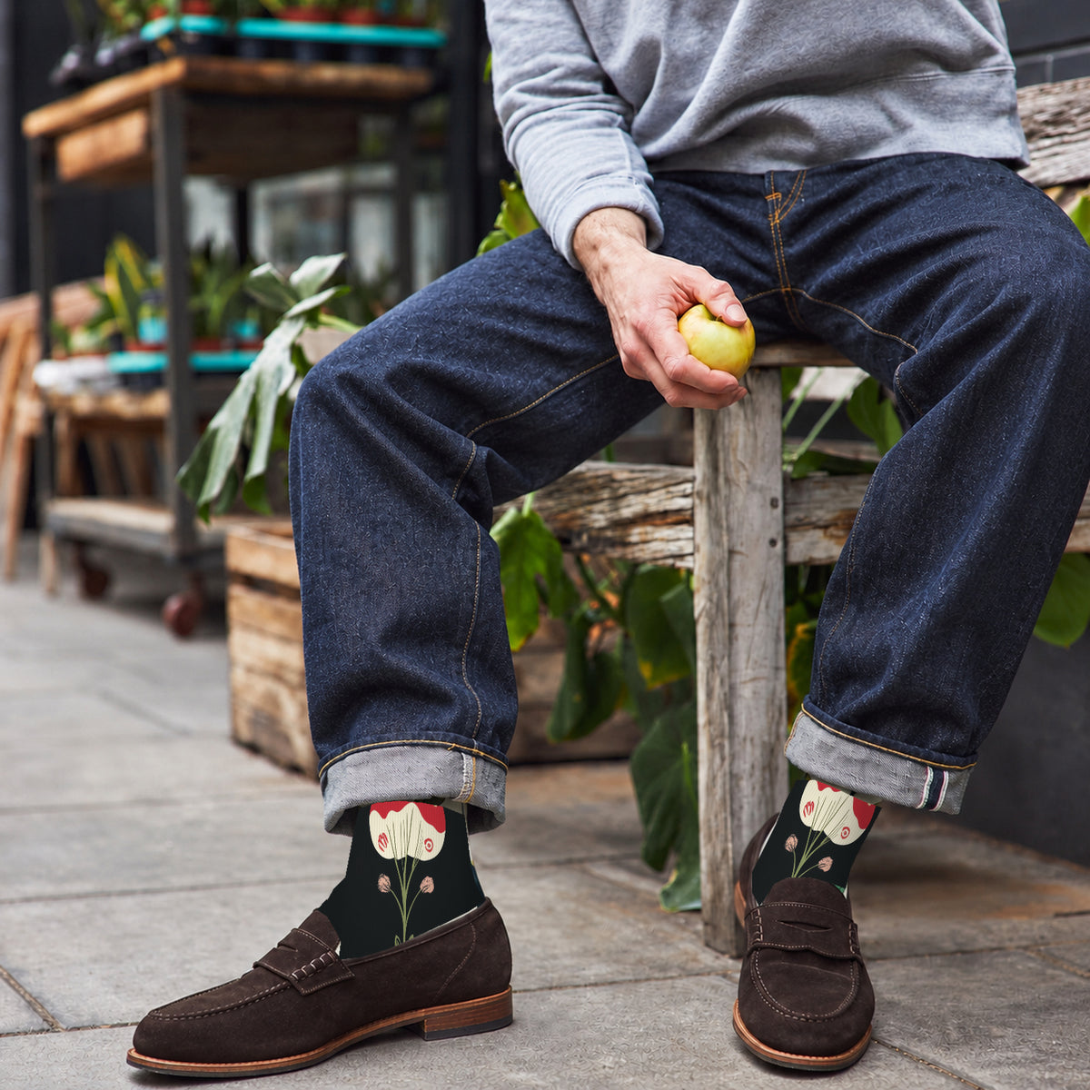 Black Garden Mushroom Crew Socks — lifestyle cafe-loafers