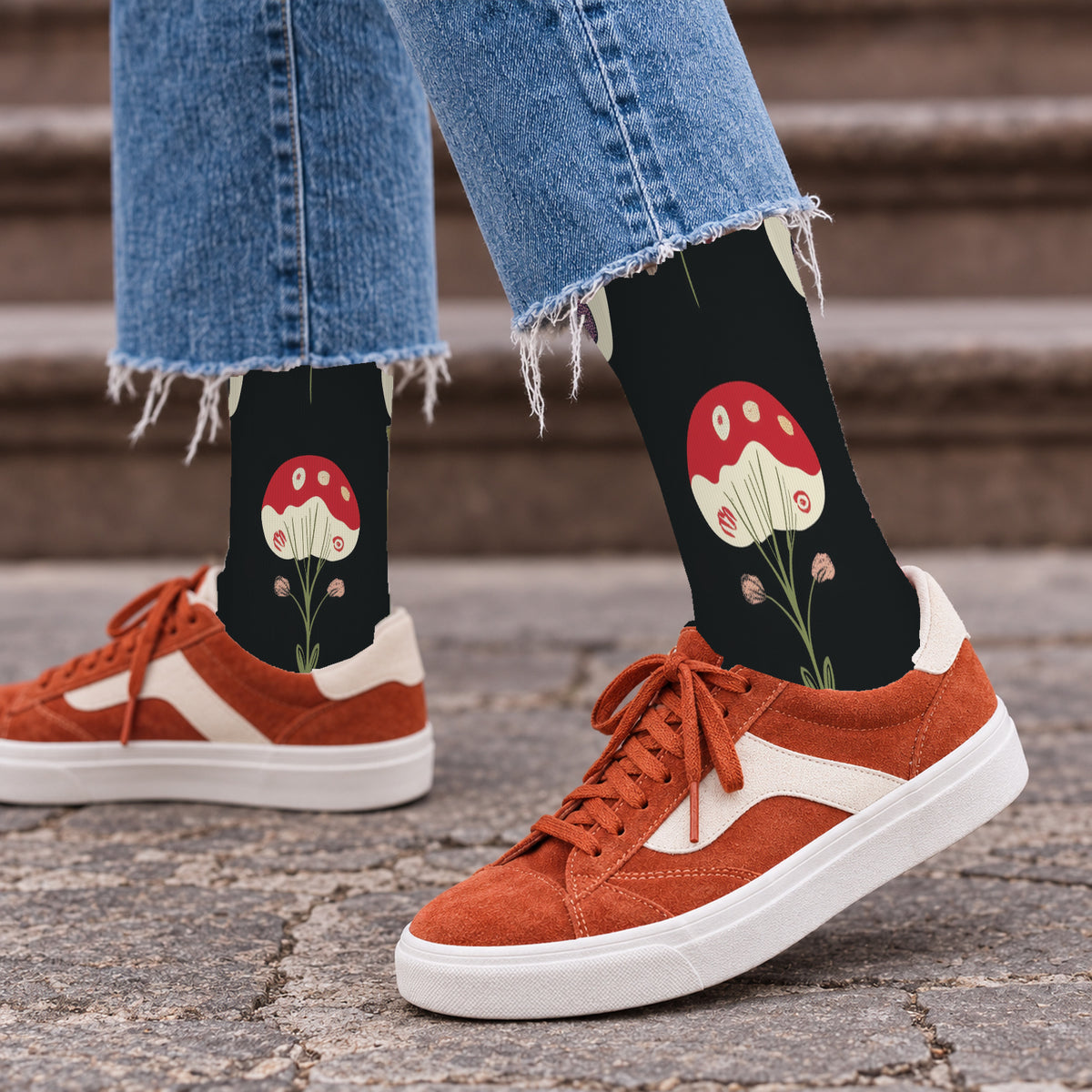 Black Garden Mushroom Crew Socks — lifestyle streetwear