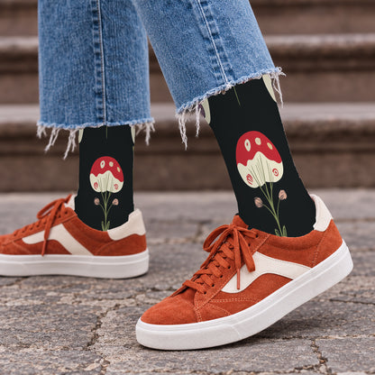 Black Garden Mushroom Crew Socks — lifestyle streetwear
