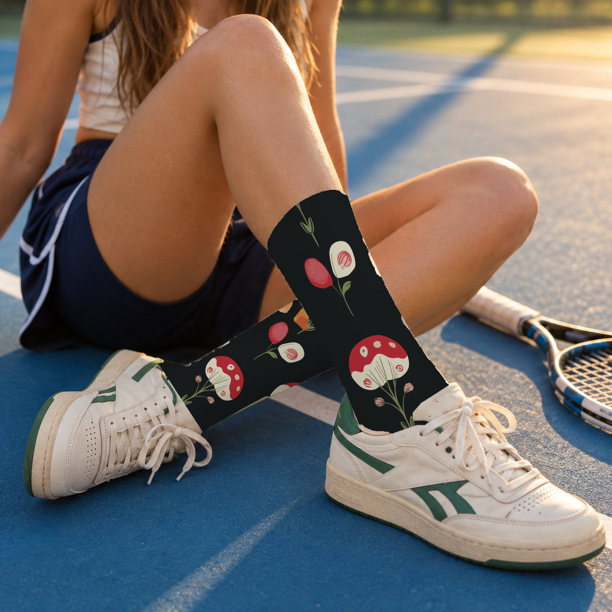 Black Garden Mushroom Crew Socks — lifestyle tennis-court
