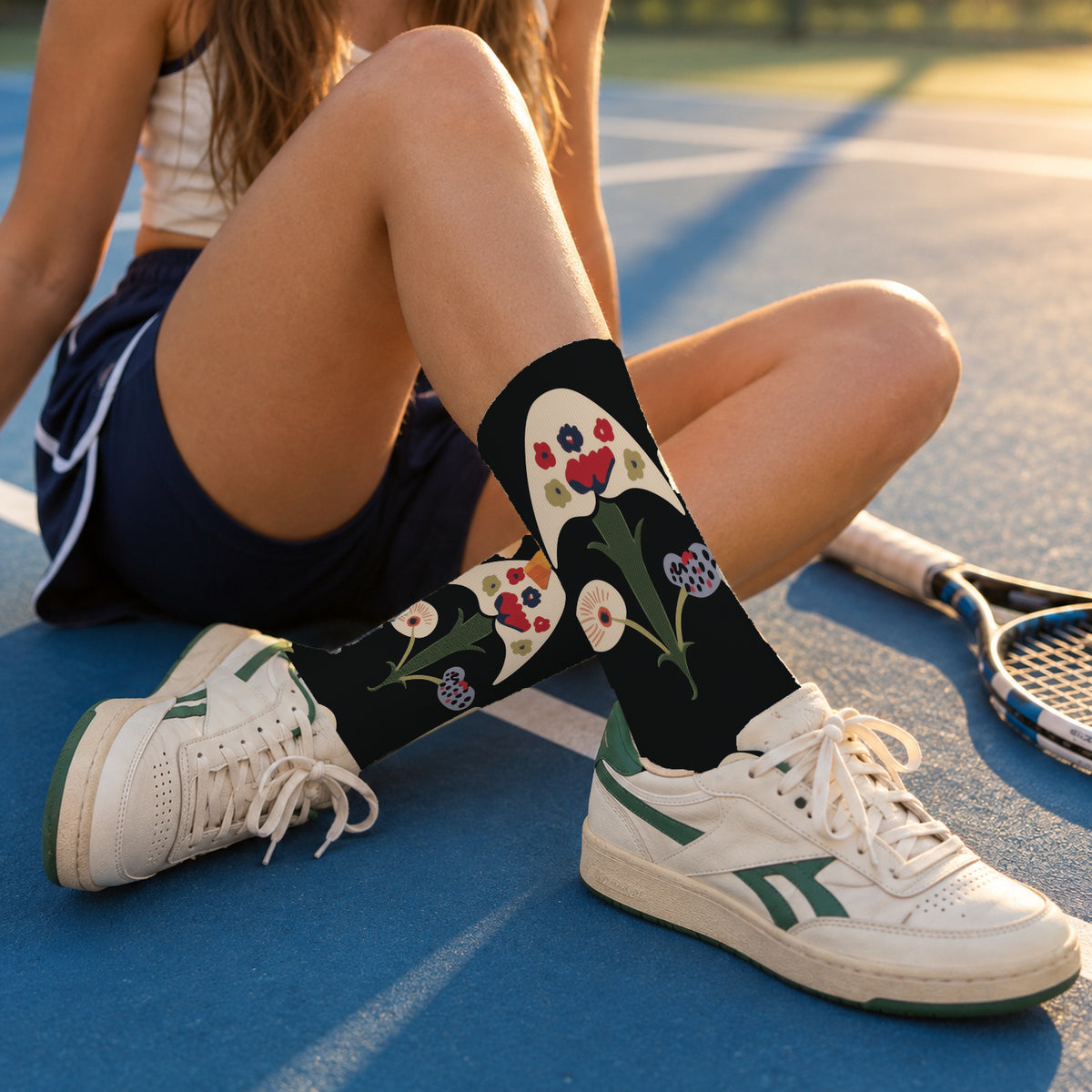 Midnight Floral Mushroom Crew Socks — lifestyle tennis-court