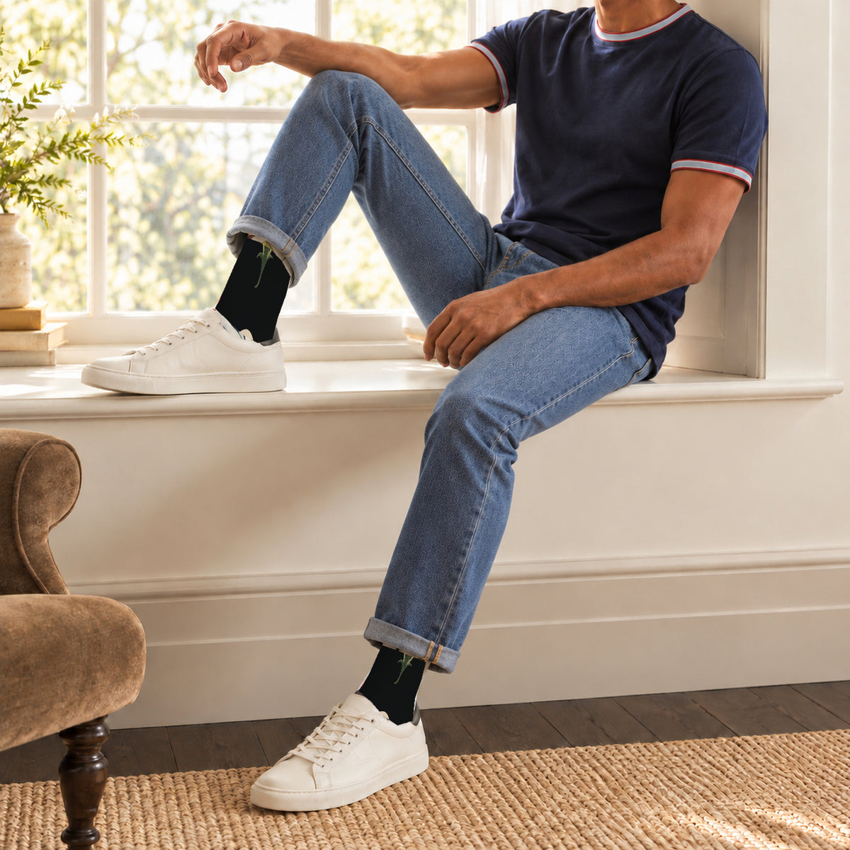Midnight Floral Mushroom Crew Socks — lifestyle window-seat