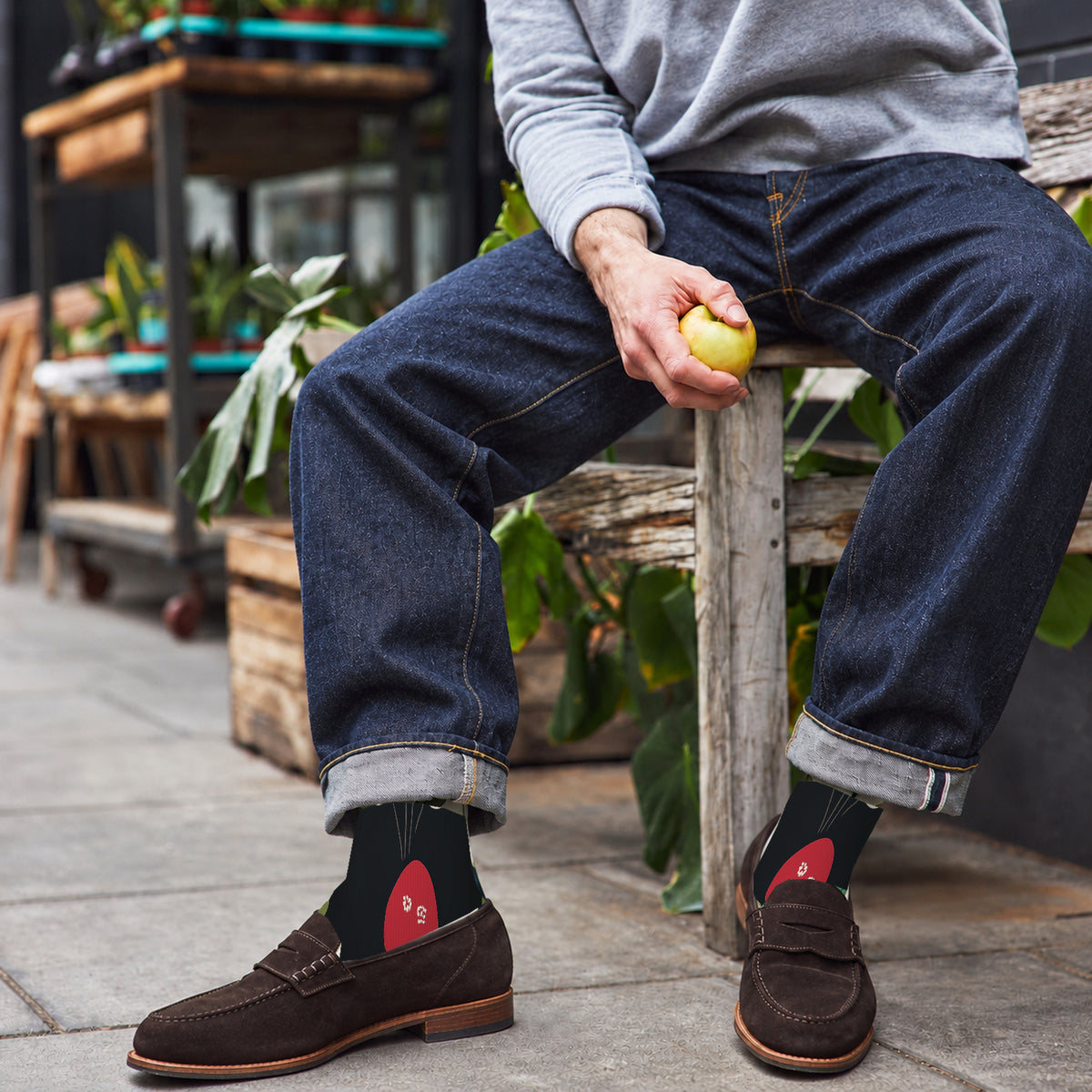 Scarlet Botanical Mushroom Crew Socks — lifestyle cafe-loafers