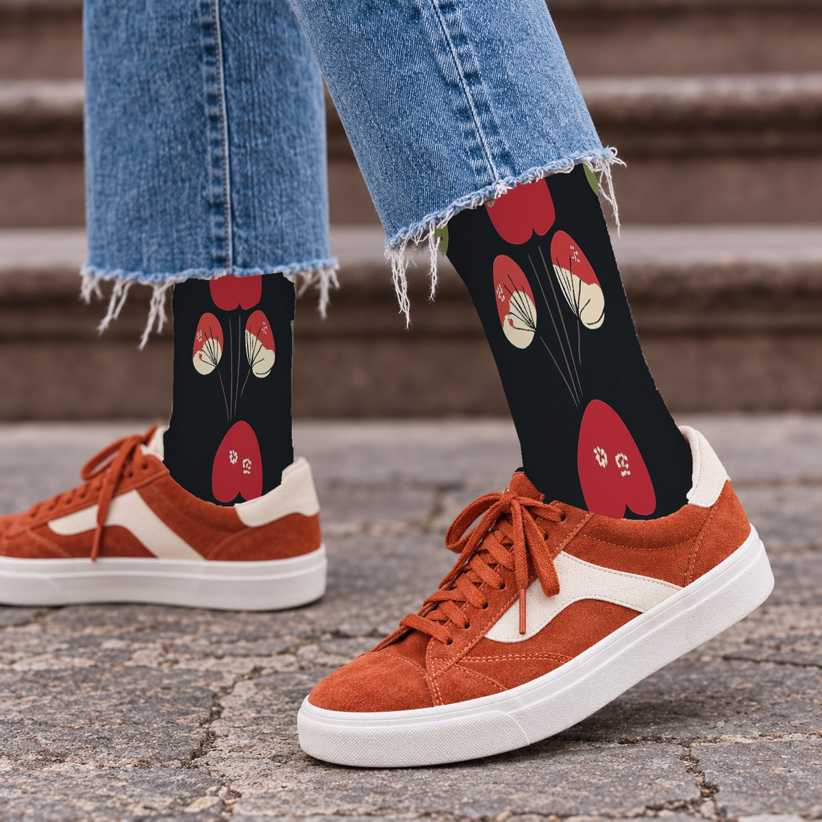 Scarlet Botanical Mushroom Crew Socks — lifestyle streetwear