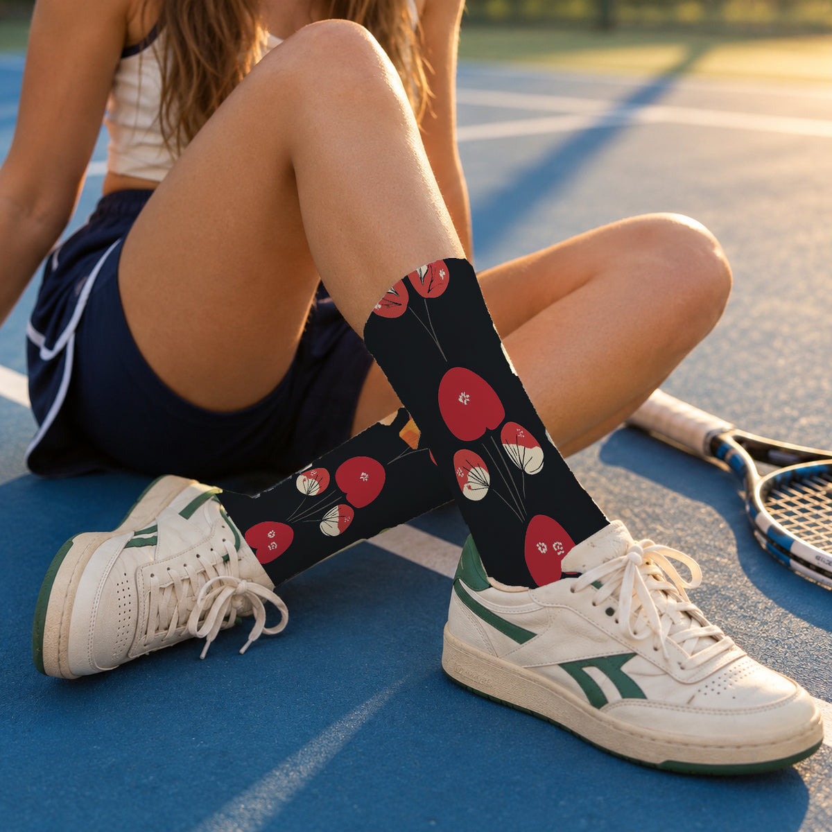 Scarlet Botanical Mushroom Crew Socks — lifestyle tennis-court
