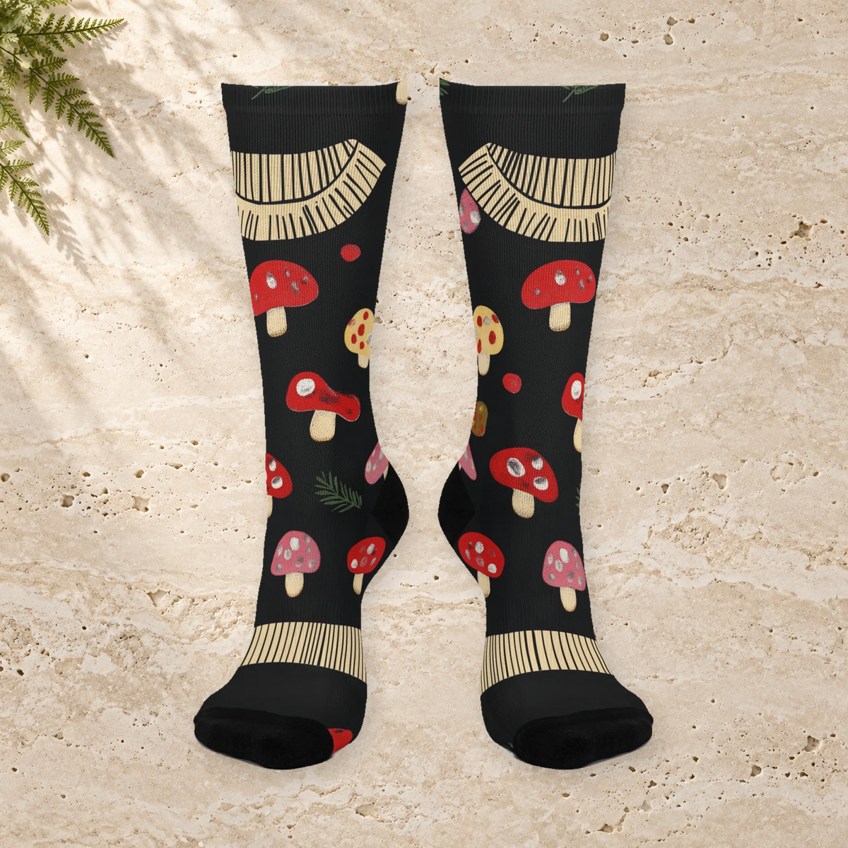 Black Mushroom and Sprig Crew Socks