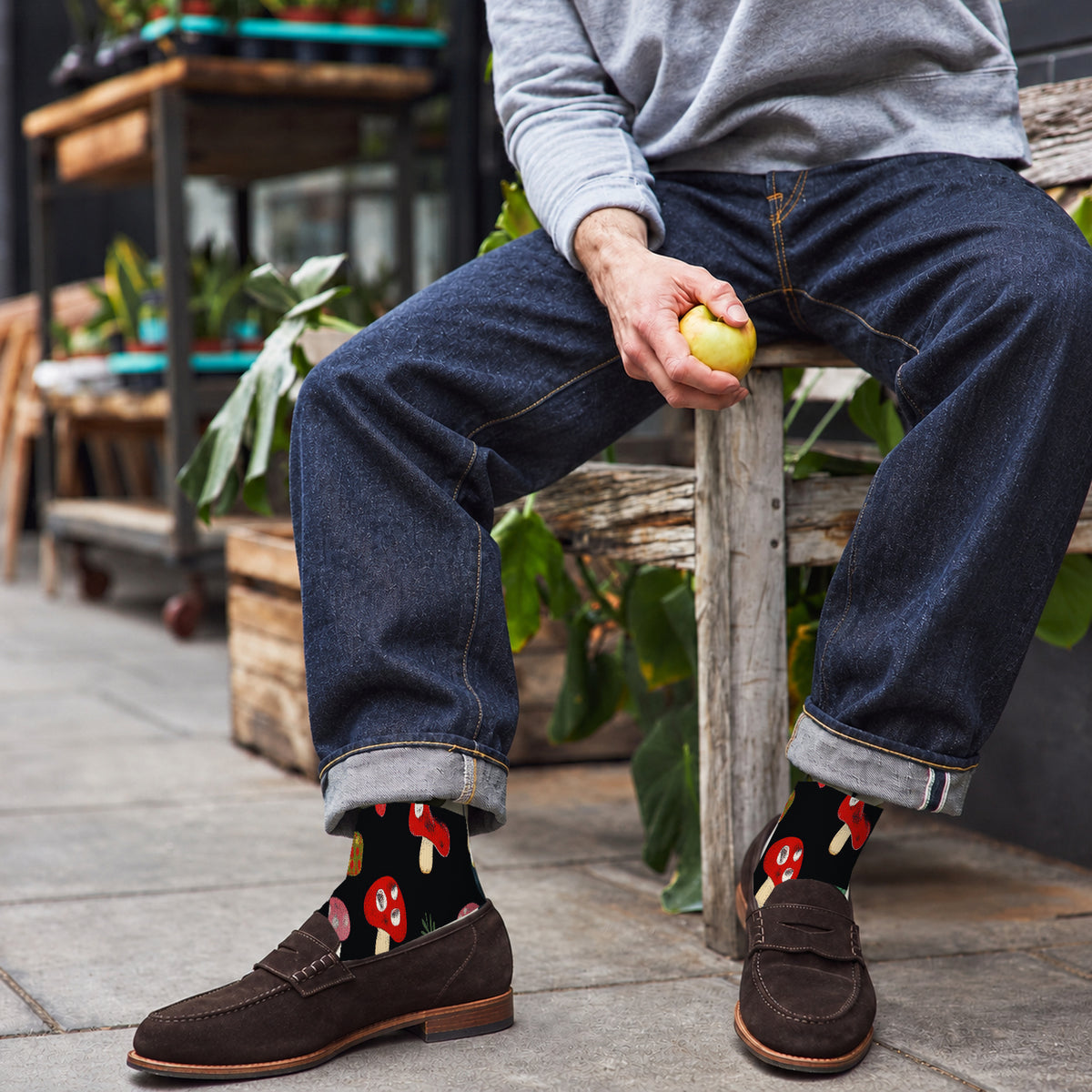 Black Mushroom and Sprig Crew Socks — lifestyle cafe-loafers