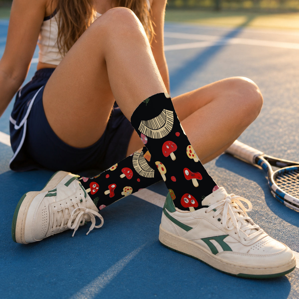 Black Mushroom and Sprig Crew Socks — lifestyle tennis-court