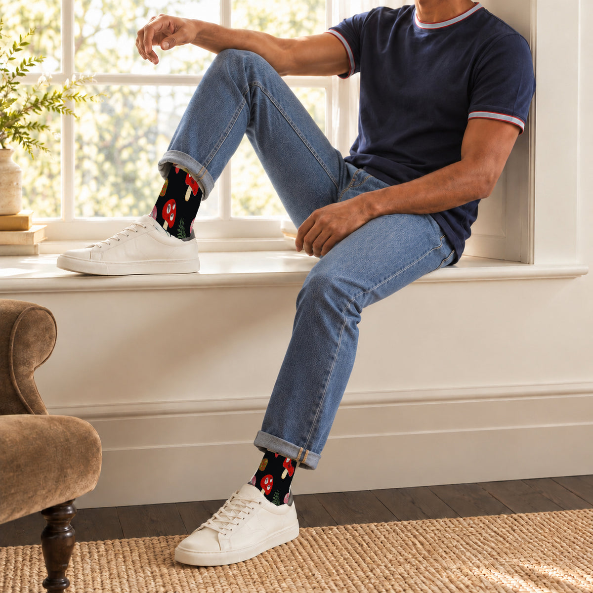 Black Mushroom and Sprig Crew Socks — lifestyle window-seat
