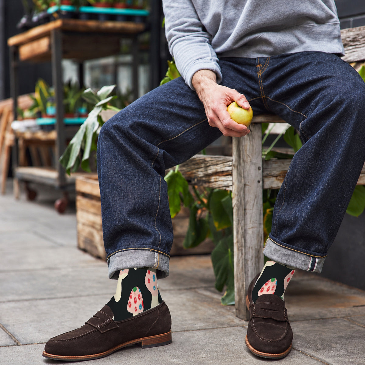 Midnight Candy Mushroom Crew Socks — lifestyle cafe-loafers