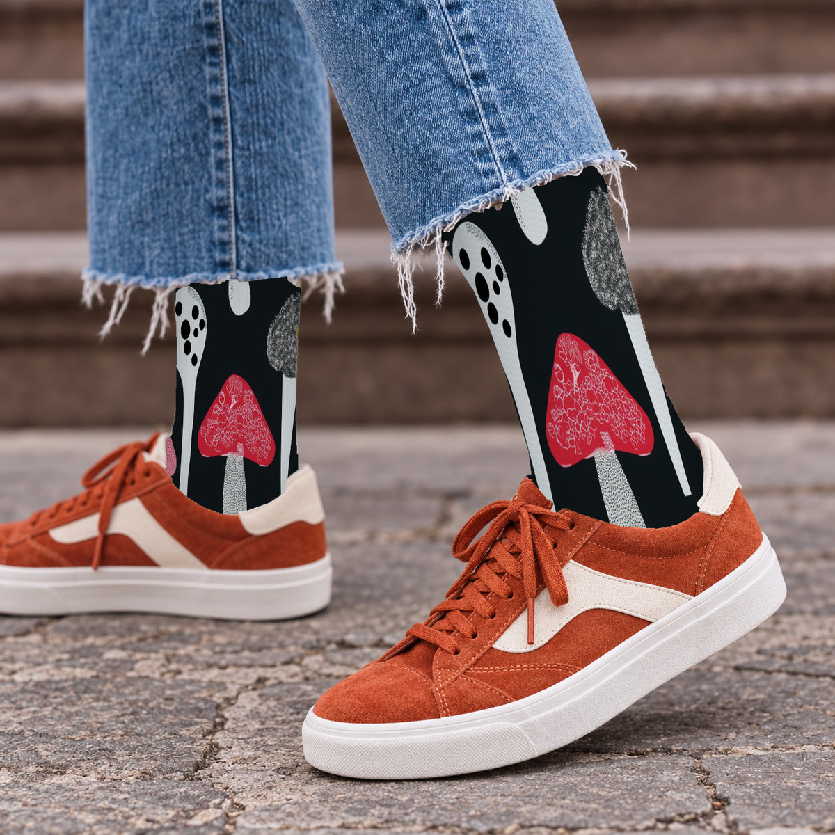 Midnight Pink Mushroom Crew Socks — lifestyle streetwear