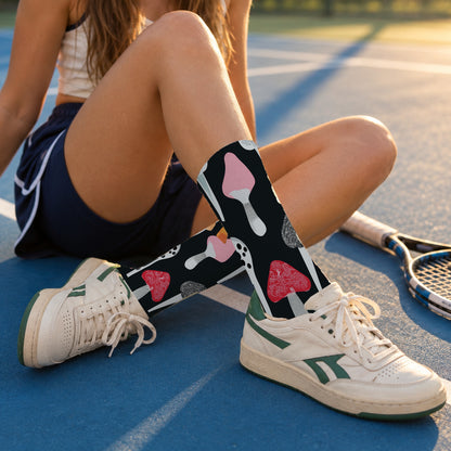 Midnight Pink Mushroom Crew Socks — lifestyle tennis-court