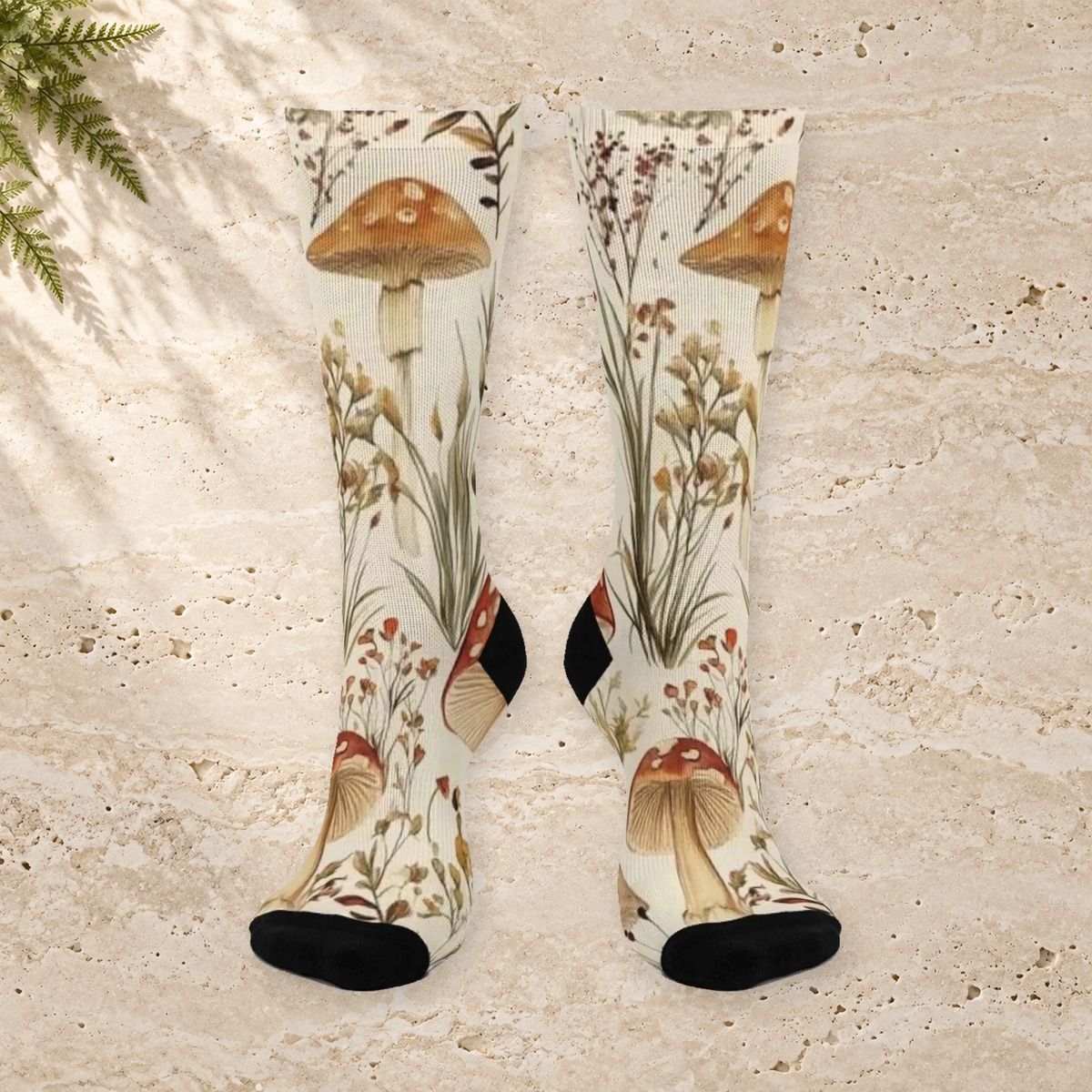 Cream Botanical Mushroom Crew Socks