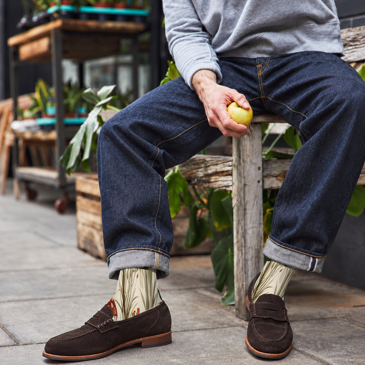Cream Botanical Mushroom Crew Socks — lifestyle cafe-loafers
