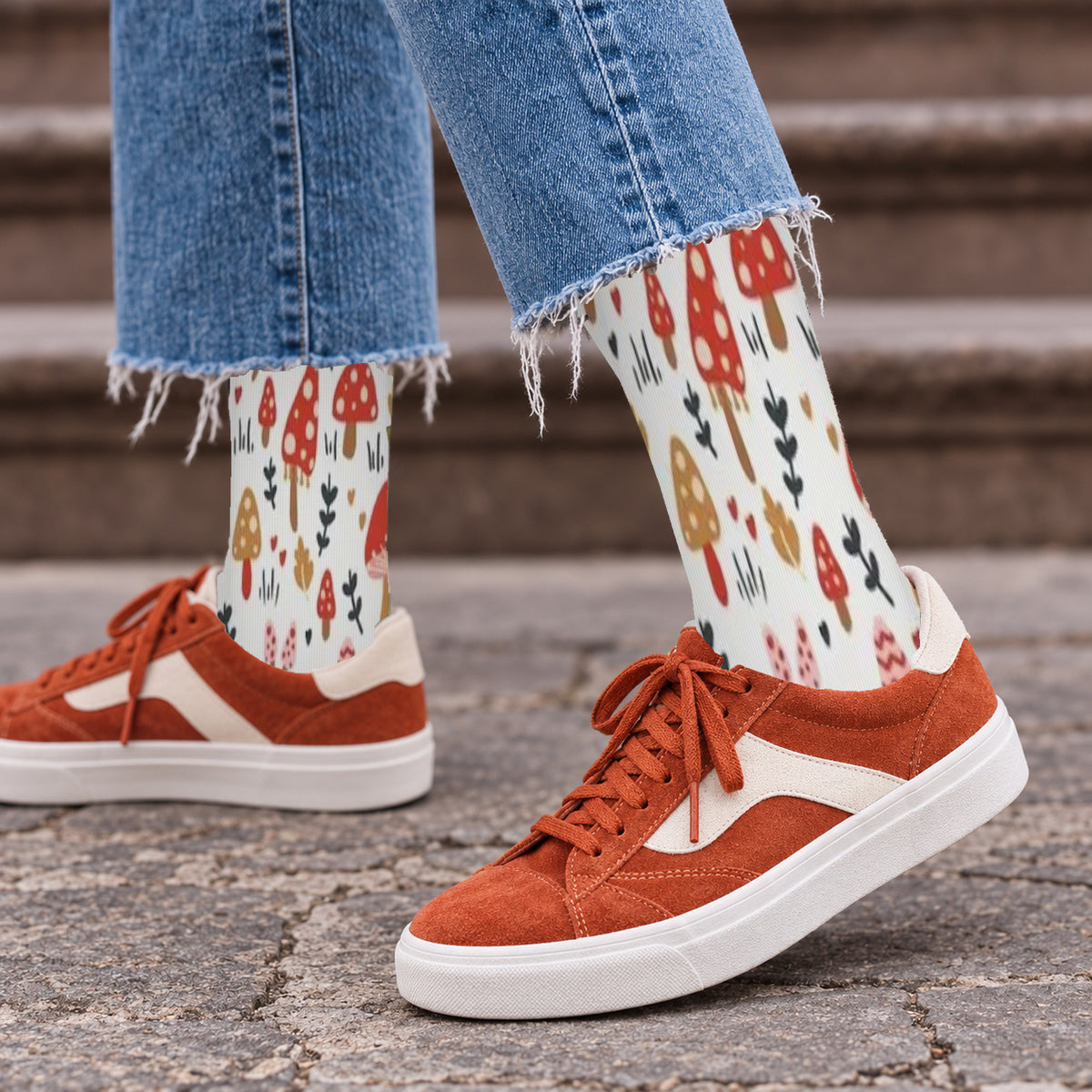 White Woodland Mushroom Crew Socks — lifestyle streetwear