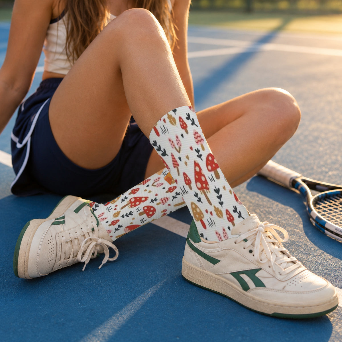 White Woodland Mushroom Crew Socks — lifestyle tennis-court