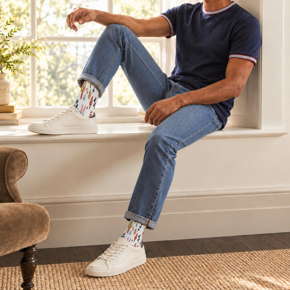 White Woodland Mushroom Crew Socks — lifestyle window-seat