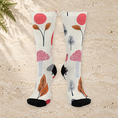 Ivory Mushroom and Leaf Crew Socks