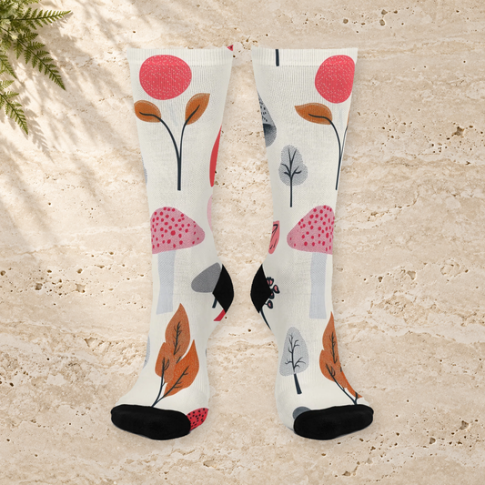 Ivory Mushroom and Leaf Crew Socks