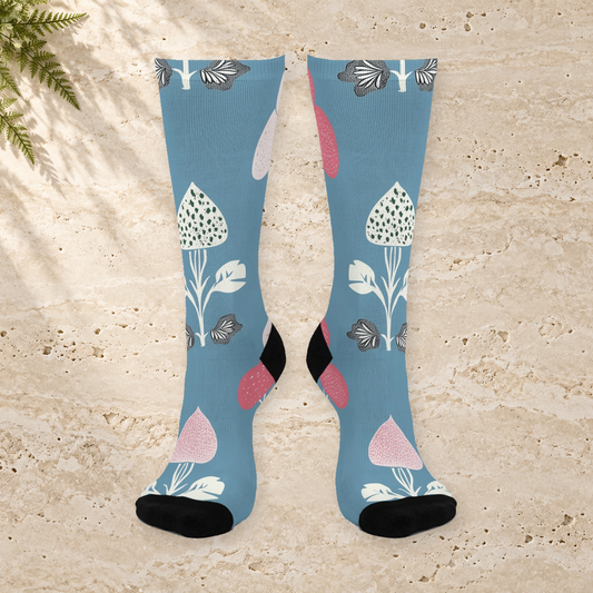 Sky Blue Botanical Mushroom Crew Socks