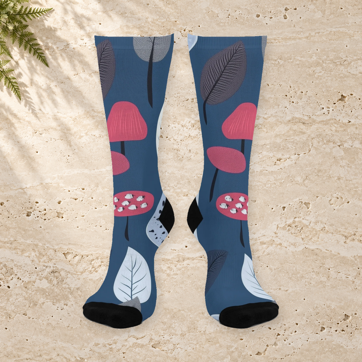 Dusty Blue Mushroom and Leaf Crew Socks