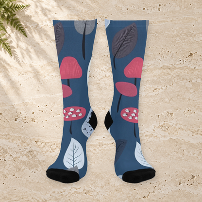 Dusty Blue Mushroom and Leaf Crew Socks