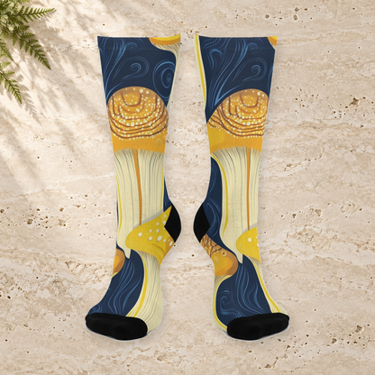 Blue Golden Swirl Mushroom Crew Socks